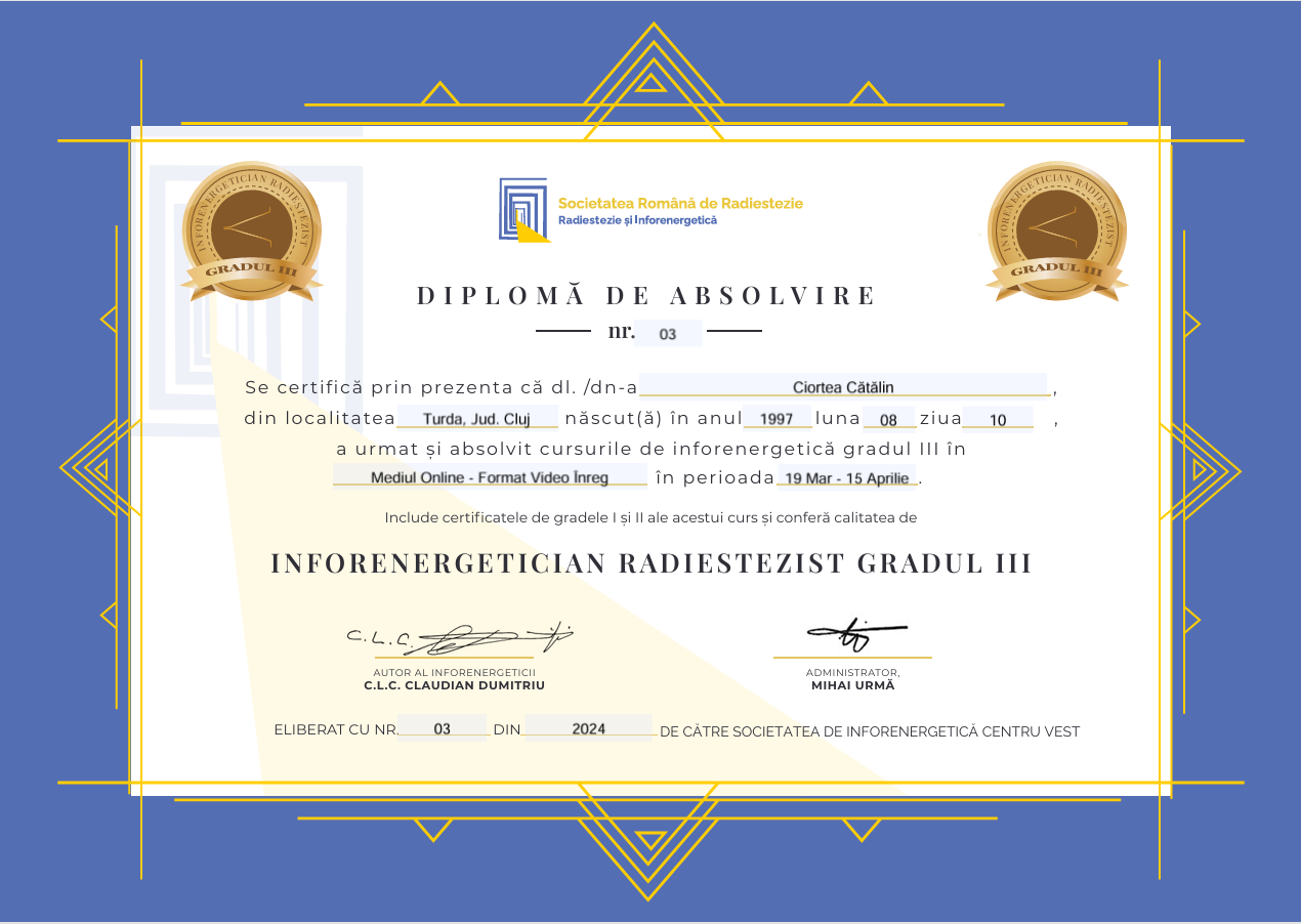 Inforenergetician Radiestezist Gradul III